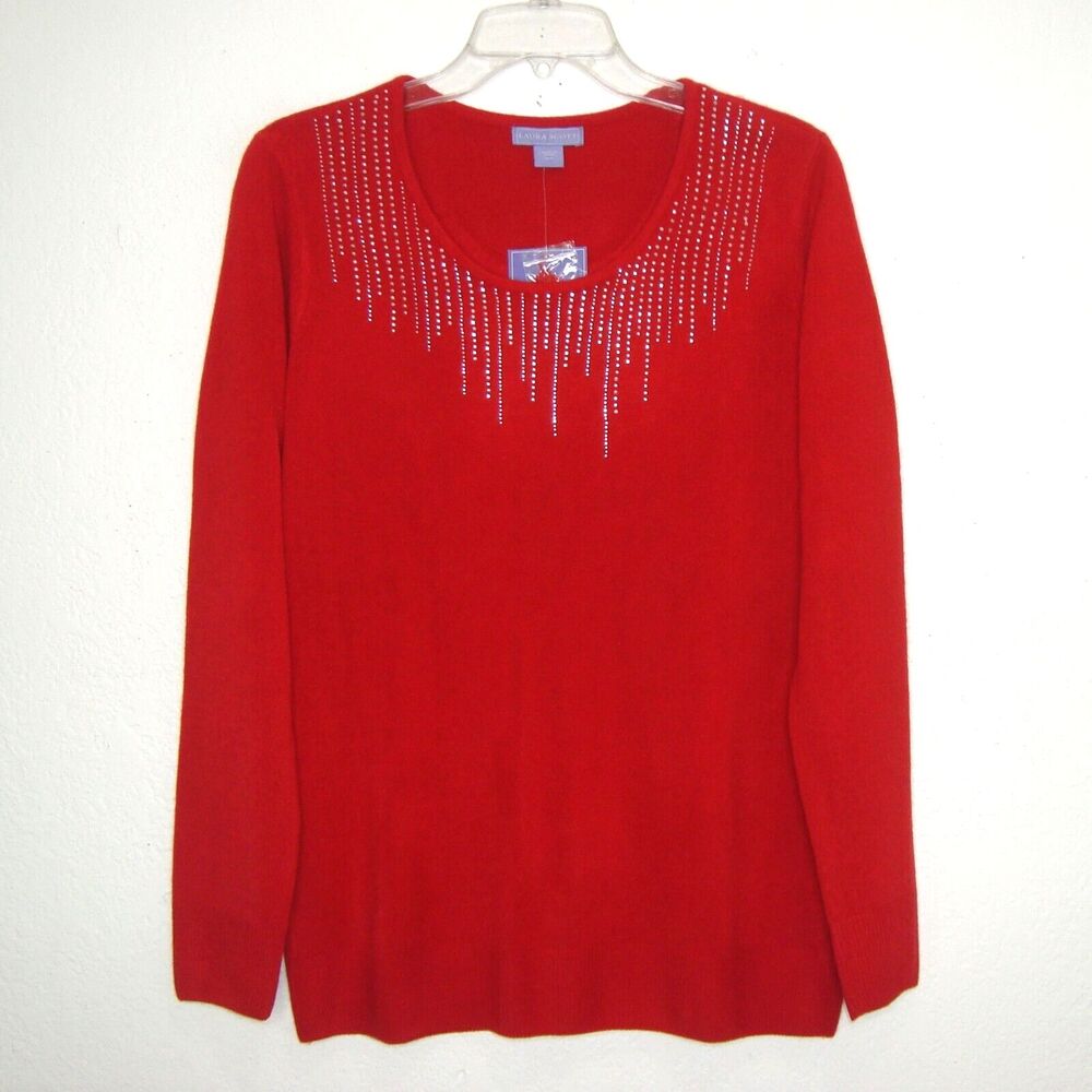NWT Laura Scott Red Sparkling Embellished Long Sleeve Sweater Size M